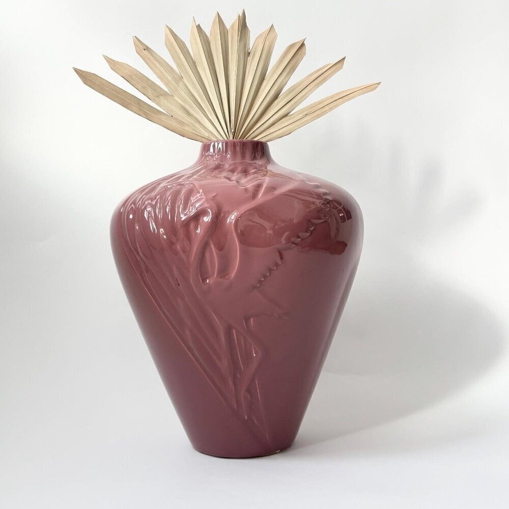 Mauve Pink Crane Embossed XL Tall Vintage Midcentury Royal Haeger Vintage Vase